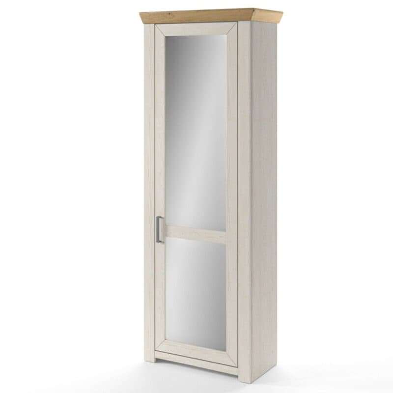 set one by Musterring York Garderobenschrank Typ GA-12 mit Spiegel in Artisan Eiche Nachbildung und in Dekor Pino Aurelio, seitliche frontale Ansicht.