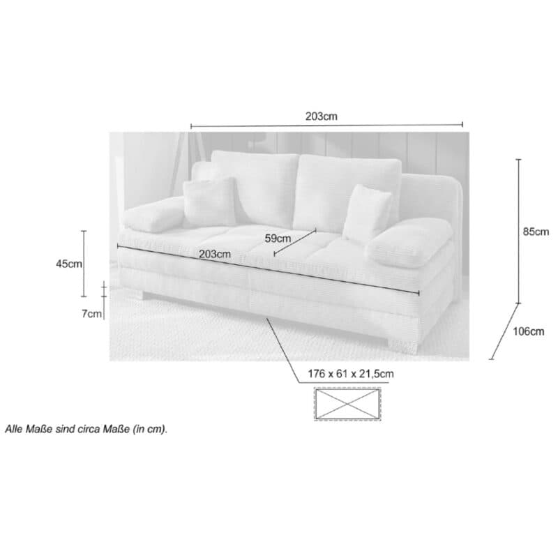 Trendstore Jonah Schlafsofa, Maßskizze.