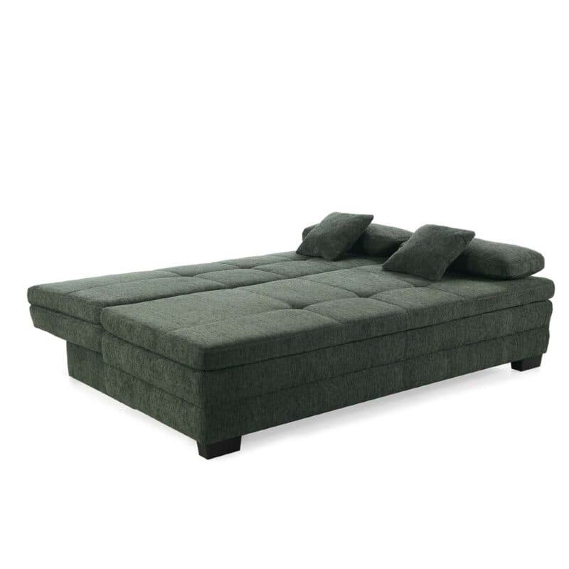 Trendstore Jonah Schlafsofa in Bezug Chenille dunkelgrün und Füßen in Schwarz.
