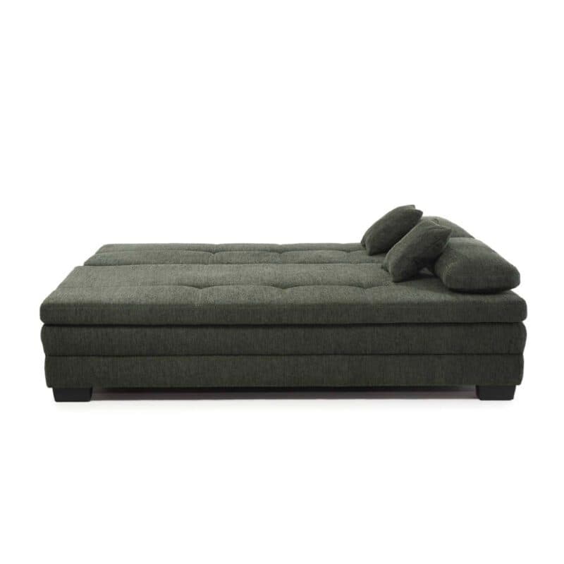 Trendstore Jonah Schlafsofa in Bezug Chenille dunkelgrün und Füßen in Schwarz.