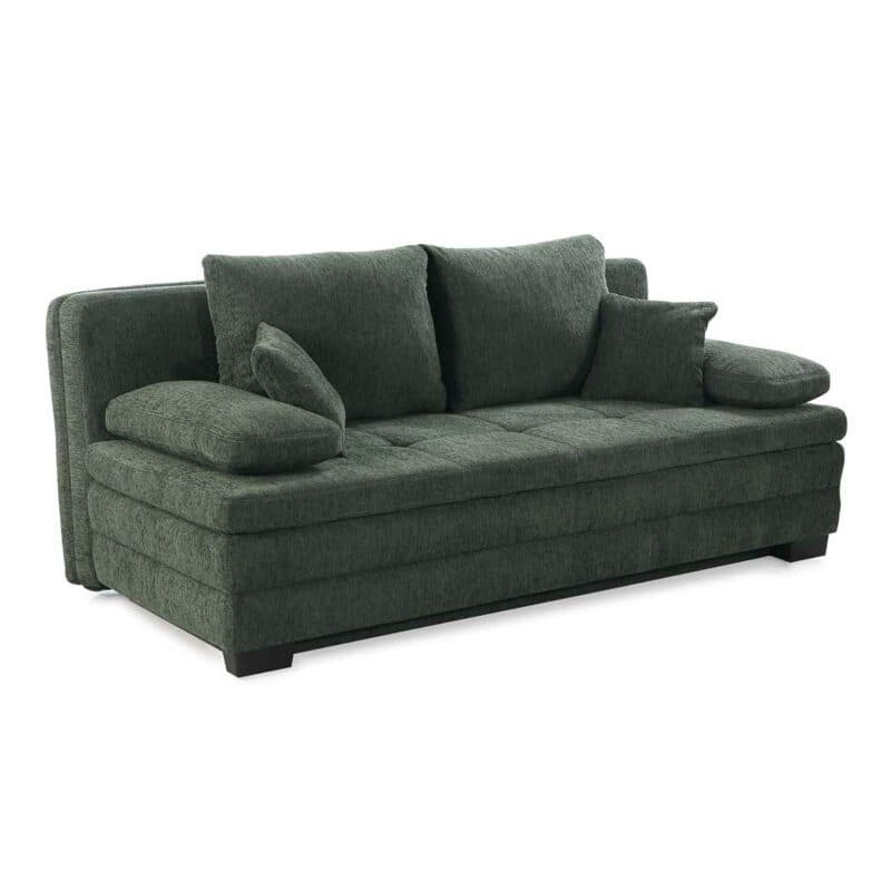 Trendstore Jonah Schlafsofa in Bezug Chenille dunkelgrün und Füßen in Schwarz.