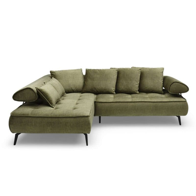 Walentina Ecksofa in Bezug Vogue 10 olive, Ottomane links.