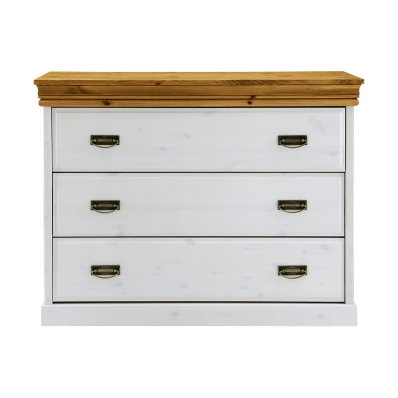 Trendstore Gaius Kommode mit drei Schubkästen, in Kiefer massiv weiß gewachst und Ablage in Honigfarben.