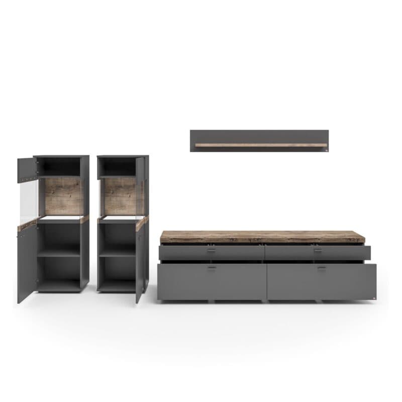 Set one by Musterring Lancaster Wohnwand in Anthrazit Highboards links - Beleuchtung, offen