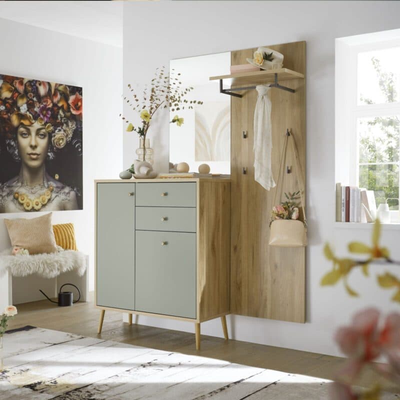 Trendstore Firell Garderobe 3-teilig, mit Kommode, Paneel und Spiegel, Wohnbeispiel.