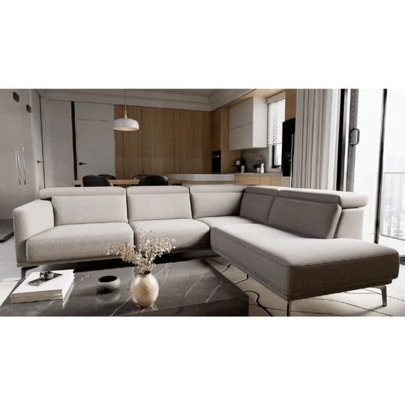 Rom Kingston Ecksofa in Bezug Wandoo silver als Wohnbeispiel.