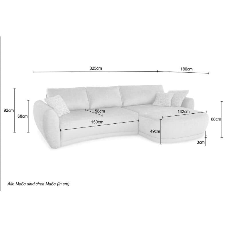 Trendstore Josua Ecksofa mit Bezug Chenille beige und Ottomane rechts – Skizze Maße