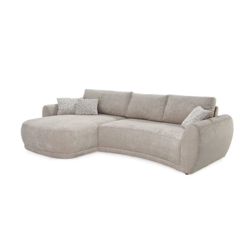 Trendstore Josua Ecksofa mit Bezug Chenille beige und Ottomane links – Ansicht schraeg