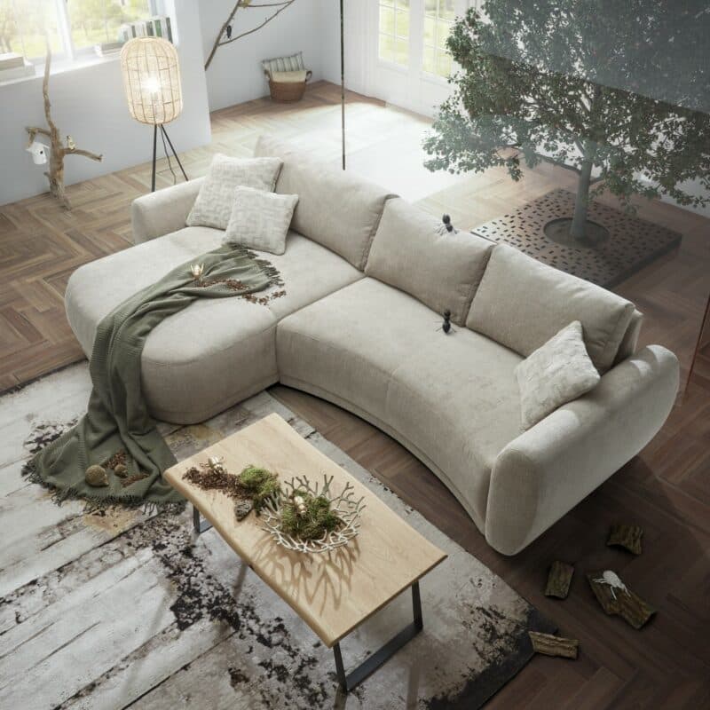 Trendstore Josua Ecksofa mit Bezug Chenille beige und Ottomane links – Wohnbeispiel