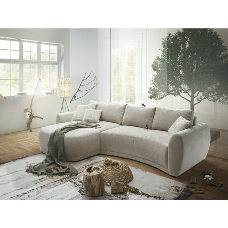 Trendstore Josua Ecksofa mit Bezug Chenille beige und Ottomane links – Wohnbeispiel