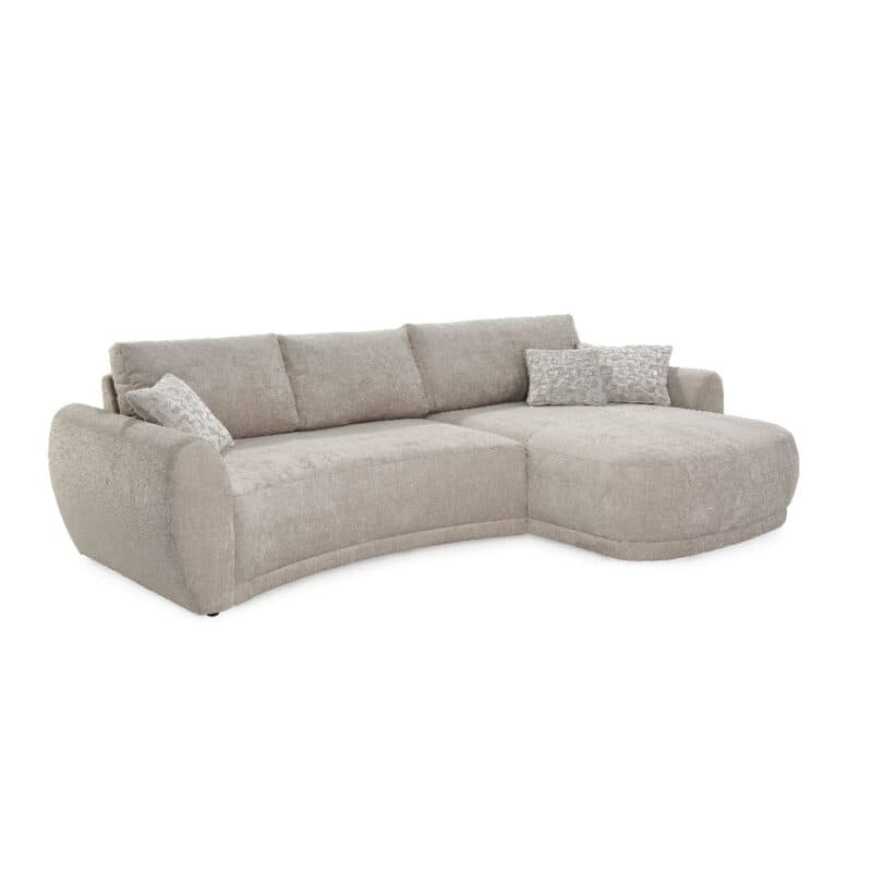 Trendstore Josua Ecksofa mit Bezug Chenille beige und Ottomane rechts – Ansicht schraeg
