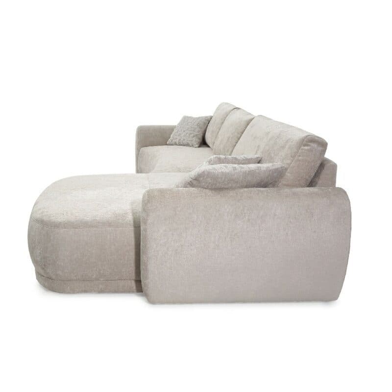Trendstore Josua Ecksofa mit Bezug Chenille beige und Ottomane rechts – Seitenansicht