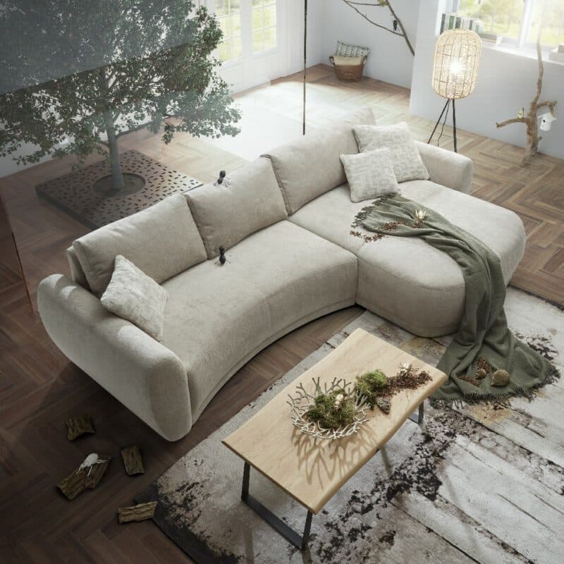 Trendstore Josua Ecksofa mit Bezug Chenille beige und Ottomane rechts – Wohnbeispiel