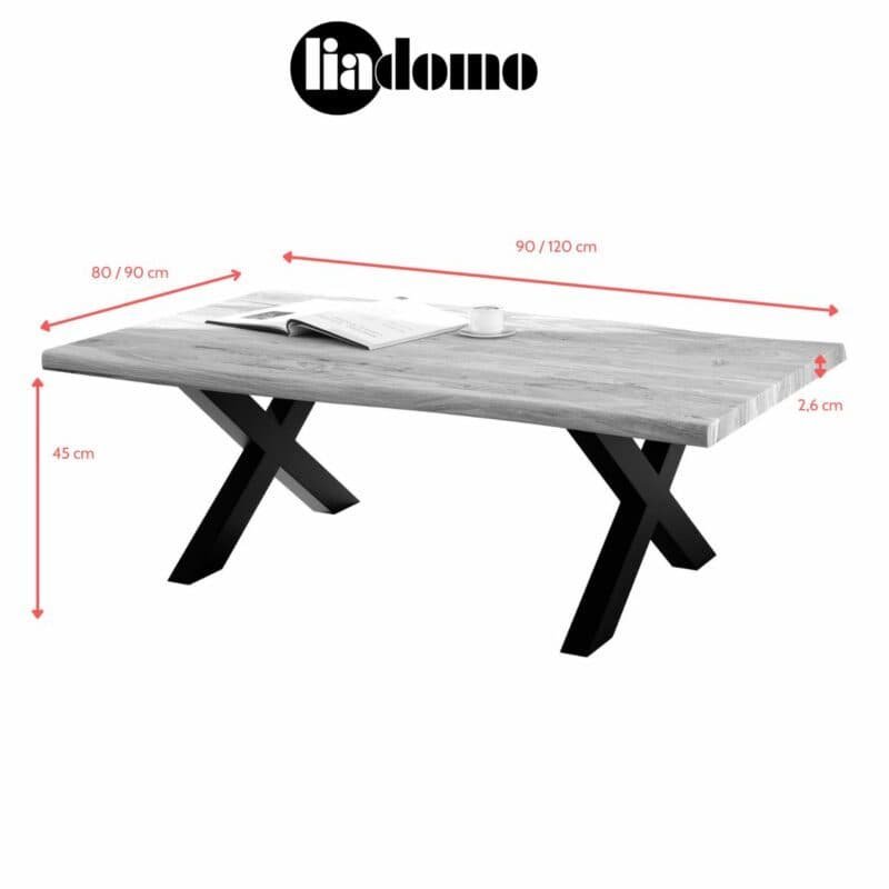 Liadomo Boston Couchtisch mit X-Gestell aus Metall- Maßskizze