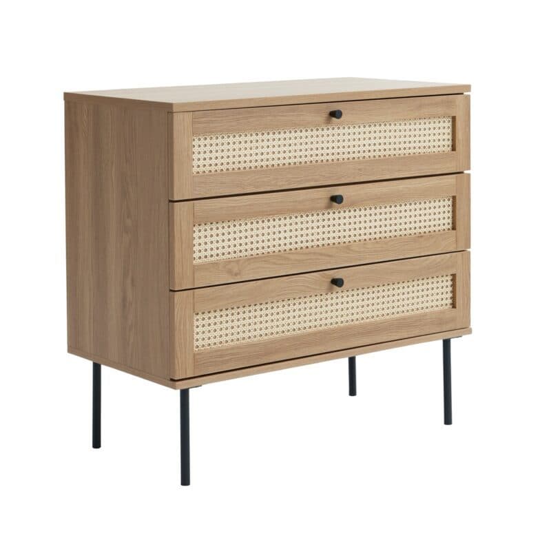 Liadomo Pensacola Kommode mit 3 Schubladen in Eiche Melamin mit Rattan.