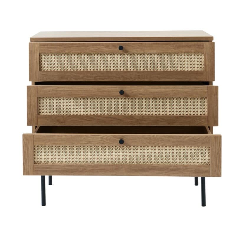Liadomo Pensacola Kommode mit 3 Schubladen in Eiche Melamin mit Rattan.