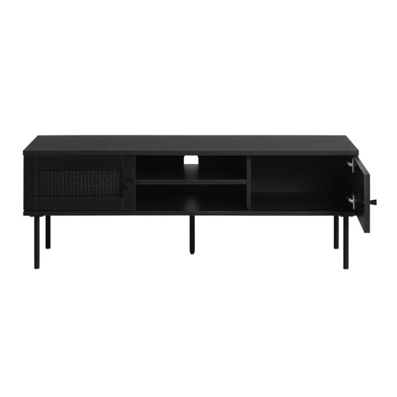 Liadono Pensacola Lowboard mit zwei Türen und zwei offenen Fächern in Eiche Black Melamin mit Rattan Black - offen.