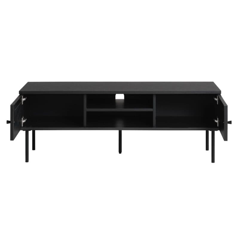 Liadono Pensacola Lowboard mit zwei Türen und zwei offenen Fächern in Eiche Black Melamin mit Rattan Black - offen.