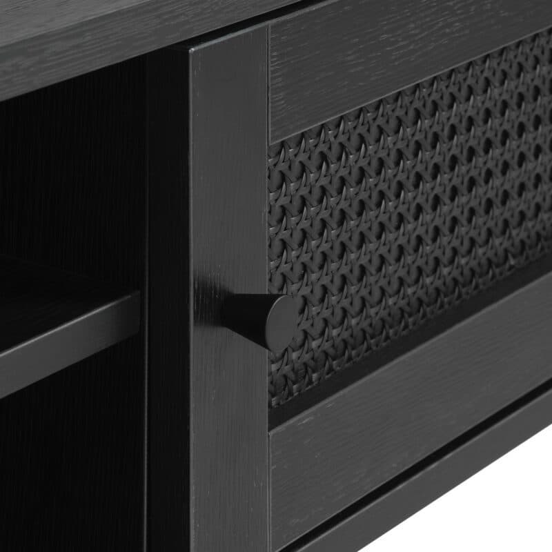 Liadono Pensacola Lowboard mit zwei Türen und zwei offenen Fächern in Eiche Black Melamin mit Rattan Black - Detailbild.