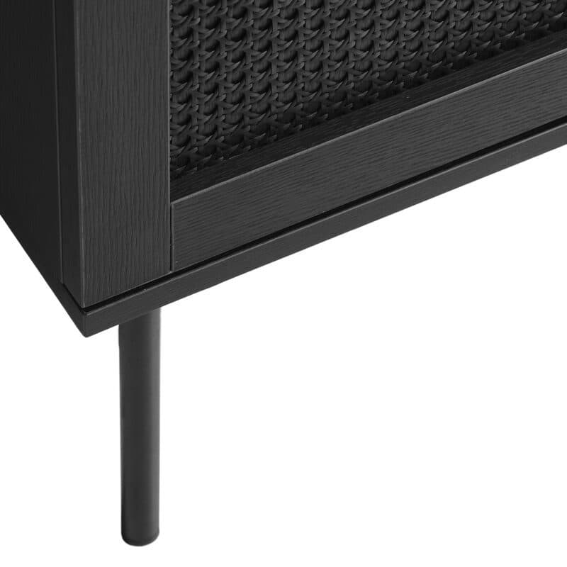 Liadono Pensacola Lowboard mit zwei Türen und zwei offenen Fächern in Eiche Black Melamin mit Rattan Black - Detailbild.