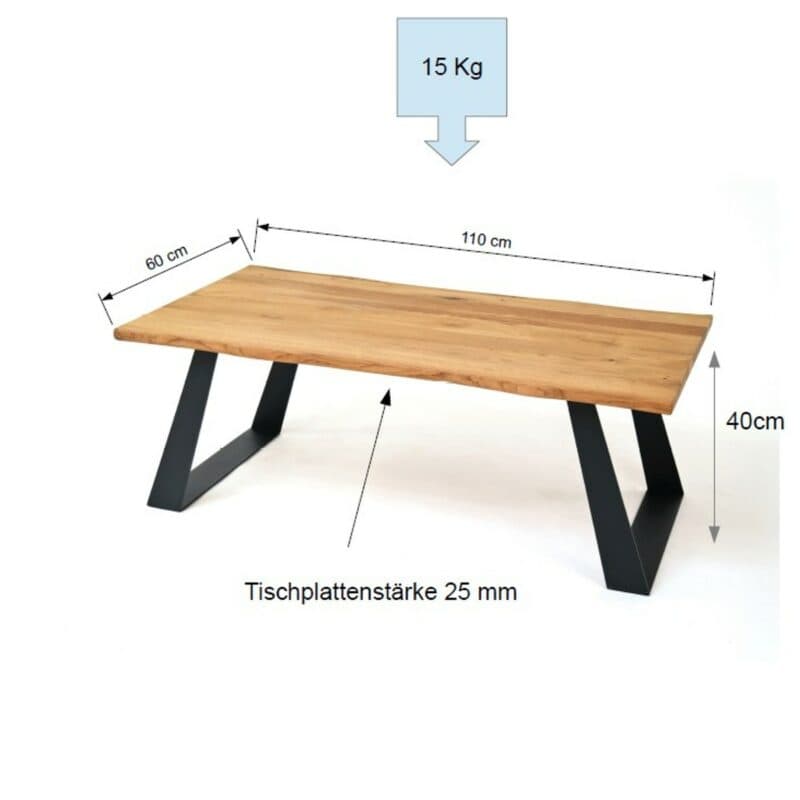Trendstore Caleb Couchtisch mit Metallgestell und Tischplatte aus Eiche - Skizze mit Maßen