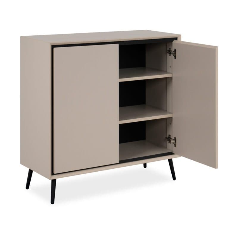 Liadomo Fona Sideboard mit zwei Türen in Beige mit Absetzungen in Schwarz - schräg, geöffnet