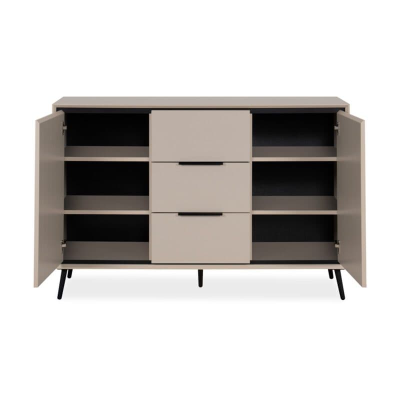 Liadomo Fona Sideboard mit zwei Türen und drei Schubladen in Beige mit Absetzungen in Schwarz - frontal, geöffnet