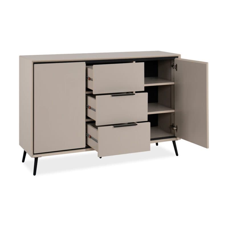 Liadomo Fona Sideboard mit zwei Türen und drei Schubladen in Beige mit Absetzungen in Schwarz - geöffnet