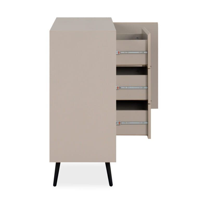 Liadomo Fona Sideboard mit zwei Türen und drei Schubladen in Beige mit Absetzungen in Schwarz - Seitenansicht, geöffnet