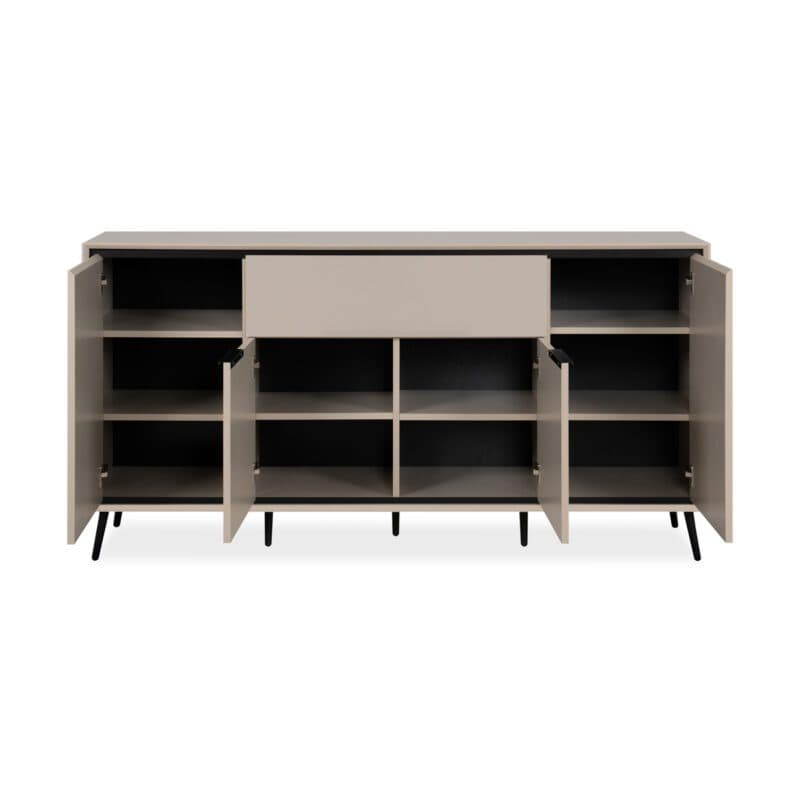 Liadomo Fona Sideboard mit vier Türen und einer Schublade in Beige mit Absetzungen in Schwarz - frontal, geöffnet