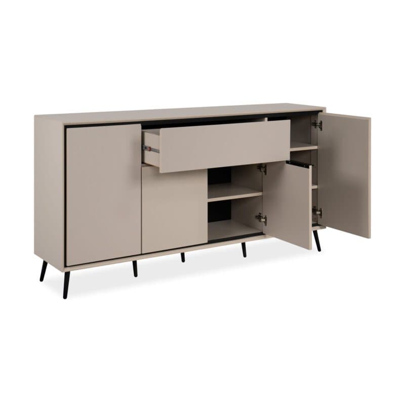 Liadomo Fona Sideboard mit vier Türen und einer Schublade in Beige mit Absetzungen in Schwarz - geöffnet