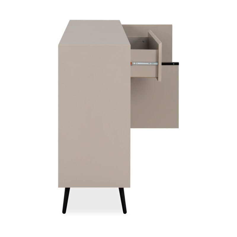 Liadomo Fona Sideboard mit vier Türen und einer Schublade in Beige mit Absetzungen in Schwarz - Seitenansicht, geöffnet