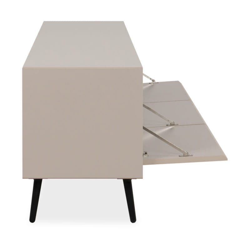 Liadomo Fona Lowboard mit 3 Klappen in Beige mit Absetzungen in Schwarz - Seitenansicht geöffnet