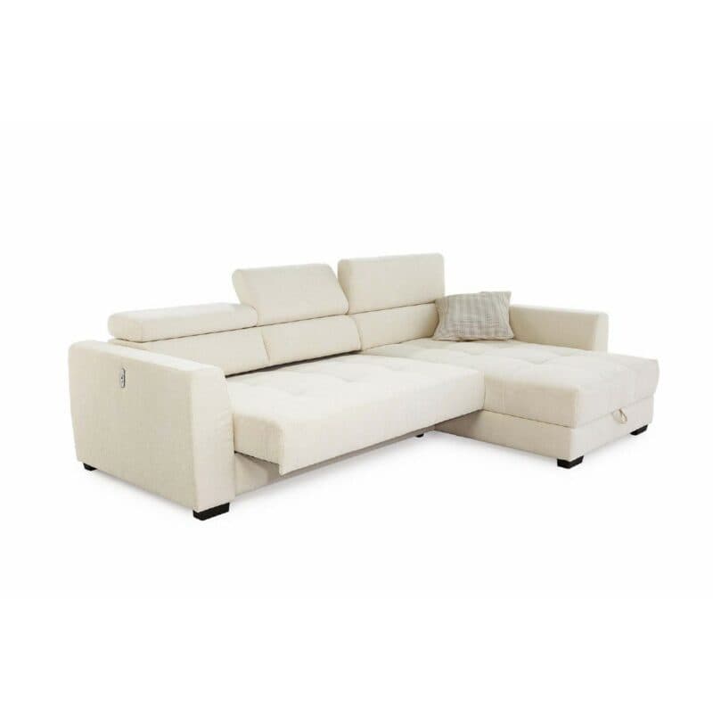 Trendstore Jonna Ecksofa in Creme mit Funktionen, Bettkasten und USB-Ladeport - elektrische Sitztiefenverstellung ausgezogen