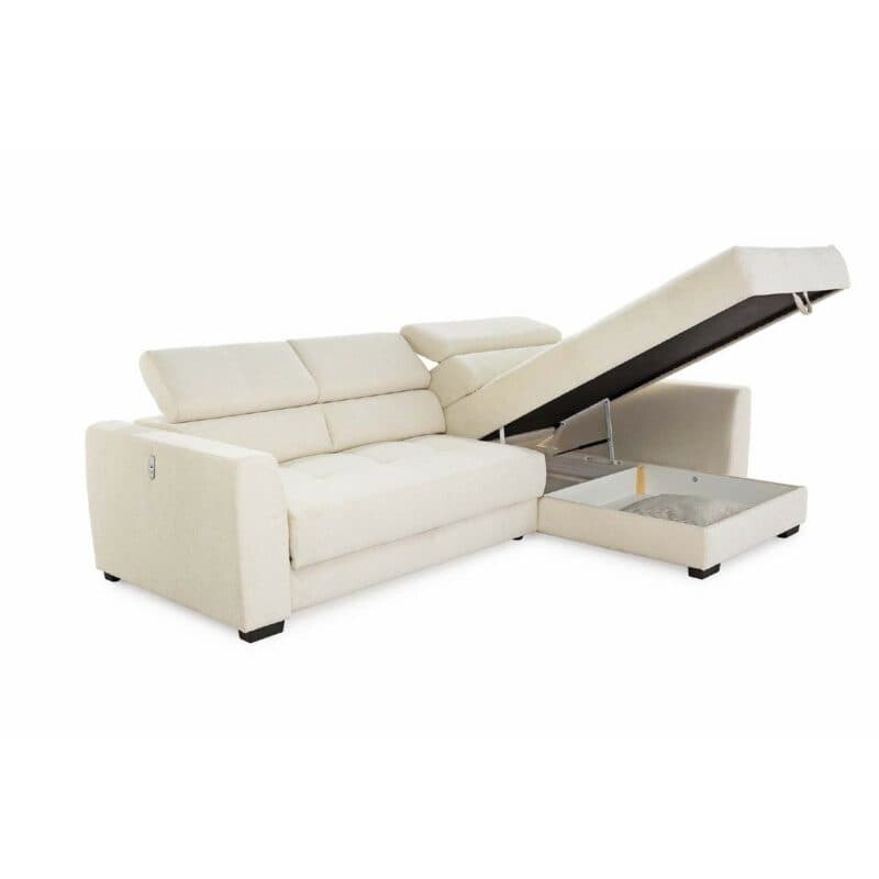 Trendstore Jonna Ecksofa in Creme mit Funktionen, Bettkasten und USB-Ladeport - Bettkasten aufgeklappt