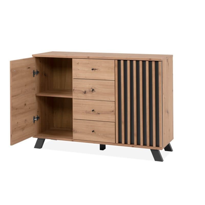 Liadomo Sideboard mit 2 Türen und 4 Schubladen in Eiche Artisan Nachbildung mit Abs. Dekor anthrazit - offen