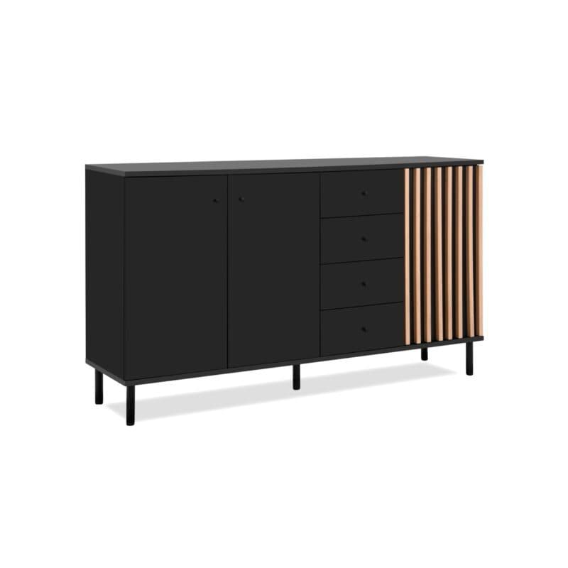 Liadomo Fonza Sideboard mit drei Türen und vier Schubkästen in Deko schwarz mit Lamellen in Eiche Artisan Nachbildung
