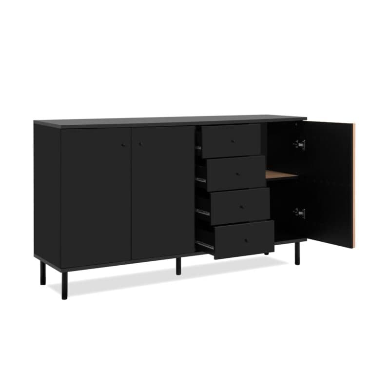 Liadomo Fonza Sideboard mit drei Türen und vier Schubkästen in Deko schwarz mit Lamellen in Eiche Artisan Nachbildung - offen