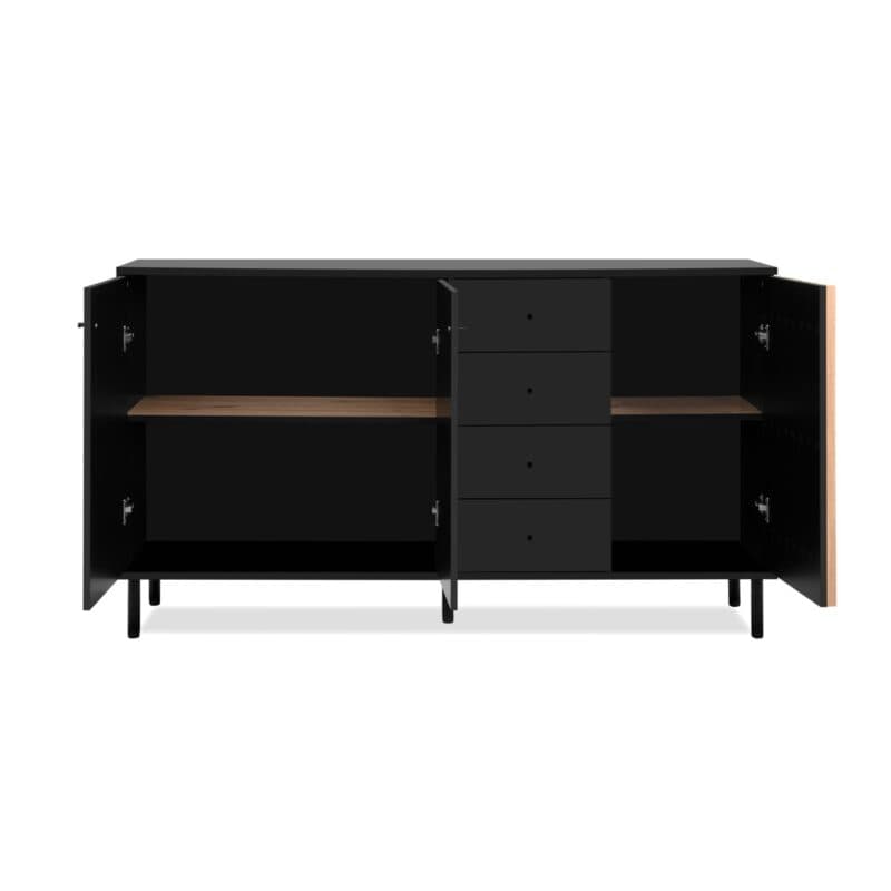 Liadomo Fonza Sideboard mit drei Türen und vier Schubkästen in Deko schwarz mit Lamellen in Eiche Artisan Nachbildung - offen