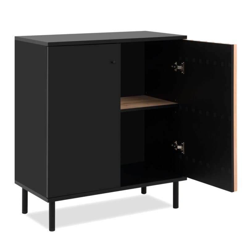 Liadomo Fonza Sideboard mit zwei Türen in Deko schwarz mit Lamellen in Eiche Artisan Nachbildung - offen