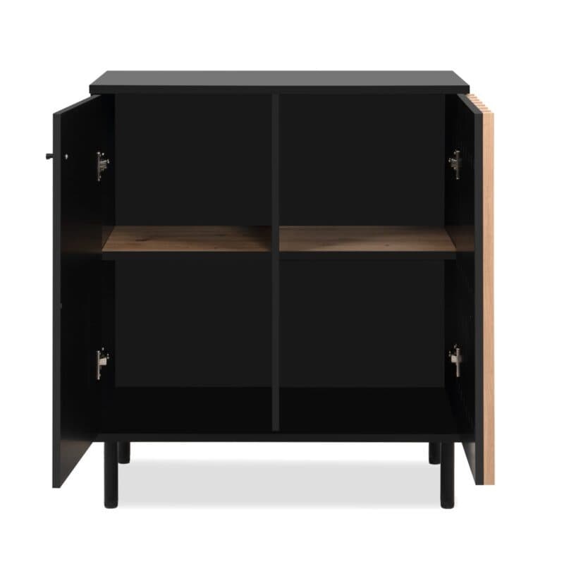 Liadomo Fonza Sideboard mit zwei Türen in Deko schwarz mit Lamellen in Eiche Artisan Nachbildung - offen
