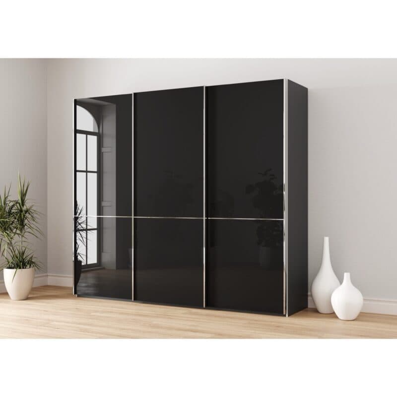 Musterring Imola Schwebetürenschrank mit Glasfronten in Graphit - Breite: 246 cm - Wohnbeispiel