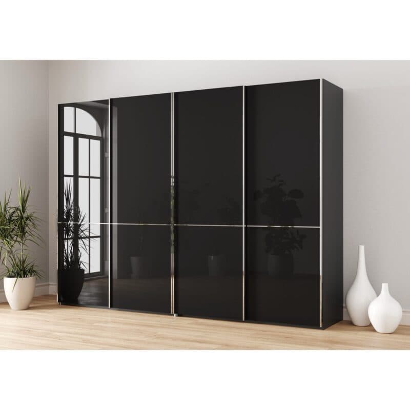 Musterring Imola Schwebetürenschrank 4-türig mit Glasfronten in Graphit - Breite: 296 cm - Wohnbeispiel