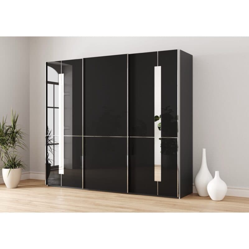 Musterring Imola Schwebetürenschrank 3-türig mit Glasfronten in Graphit und Zierspiegel - Breite: 246 cm - Wohnbeispiel
