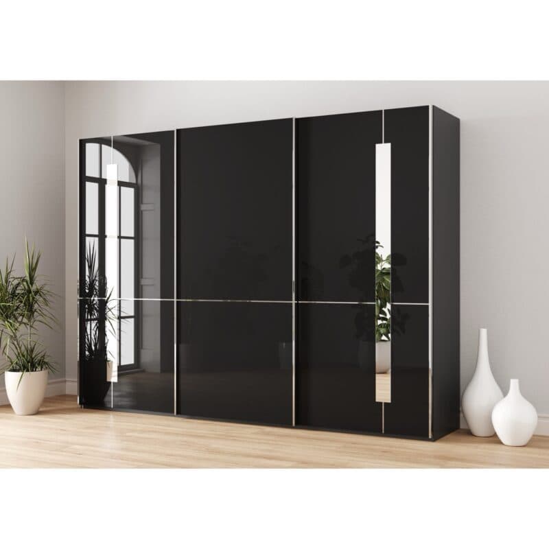 Musterring Imola Schwebetürenschrank 3-türig mit Glasfronten in Graphit und Zierspiegel - Wohnbeispiel