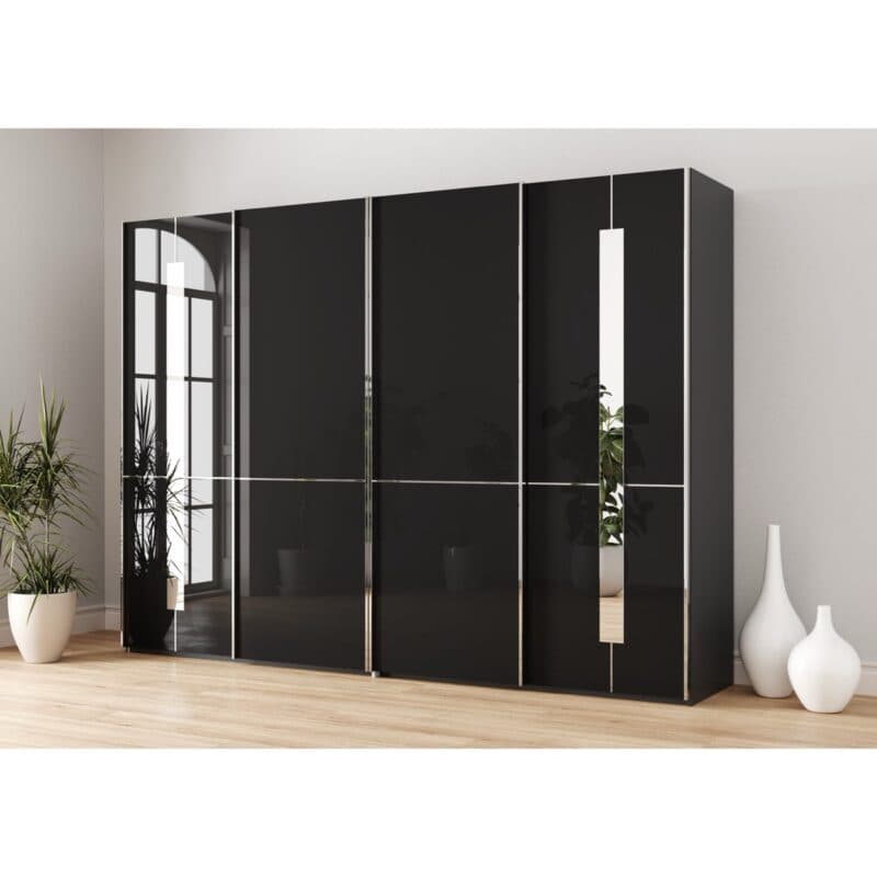 Musterring Imola Schwebetürenschrank 4-türig mit Glasfronten in Graphit und Zierspiegel - Wohnbeispiel