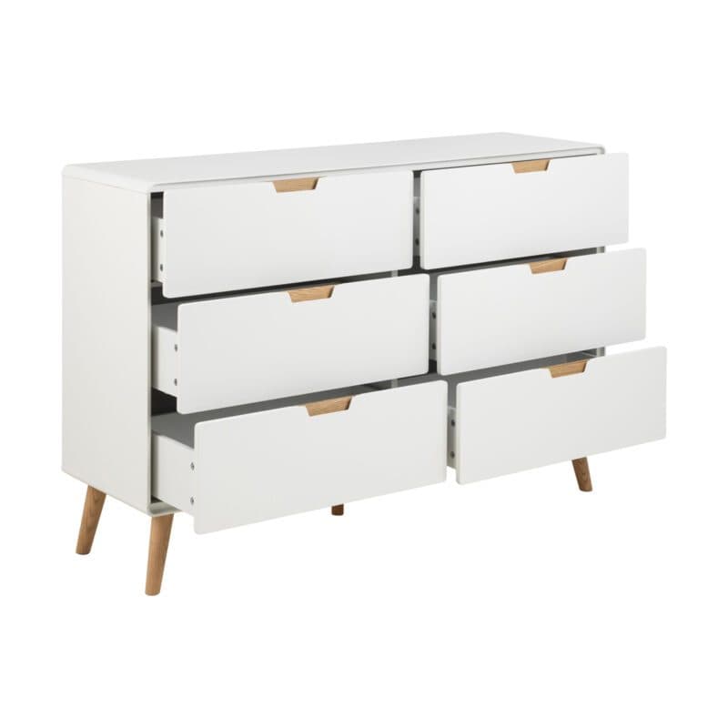 Liadomo Abella Sideboard in Weiß und Eiche mit 6 Schubladen - geöffnet