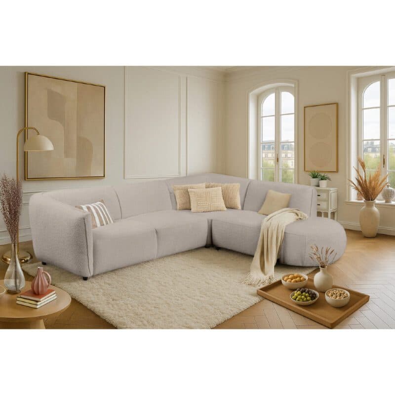 Dixx Divani Ecksofa mit Bouclé Bezug in Beige - Wohnbeispiel