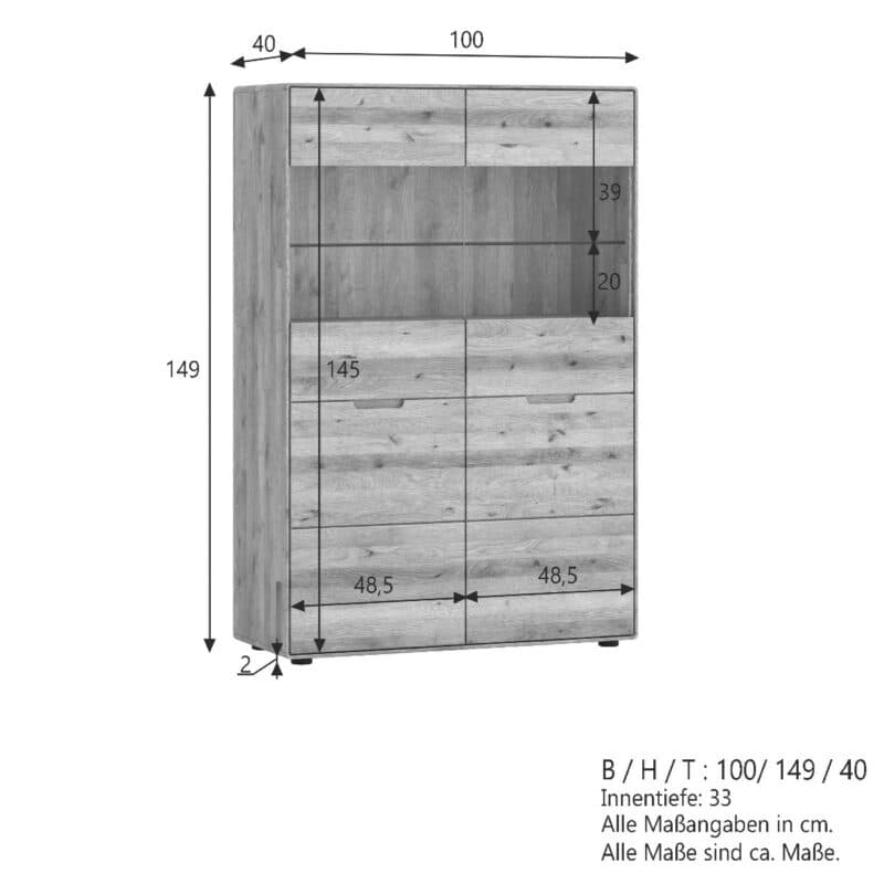 Liadomo Genua Highboardvitrine aus Wildeiche – Skizze Maße