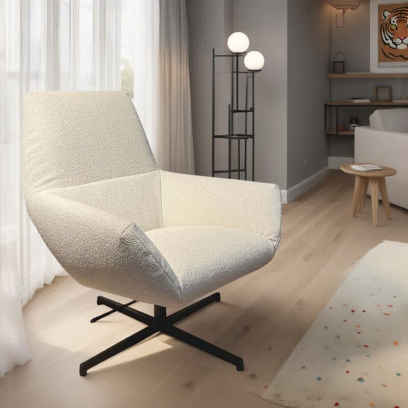 freistil by Rolf Benz Freistil 145 Sessel in Bezug 2300 Teddystoff cremeweiß mit Kreuzfuß in schwarz - Wohnbeispiel - Perspektivansicht